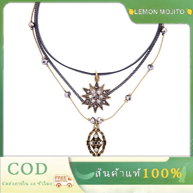 Mojito สร้อยคอหลายชั้นสไตล์วินเทจสร้อยคอหลายชั้นแบบโบฮีเมียนประดับคริสตัล