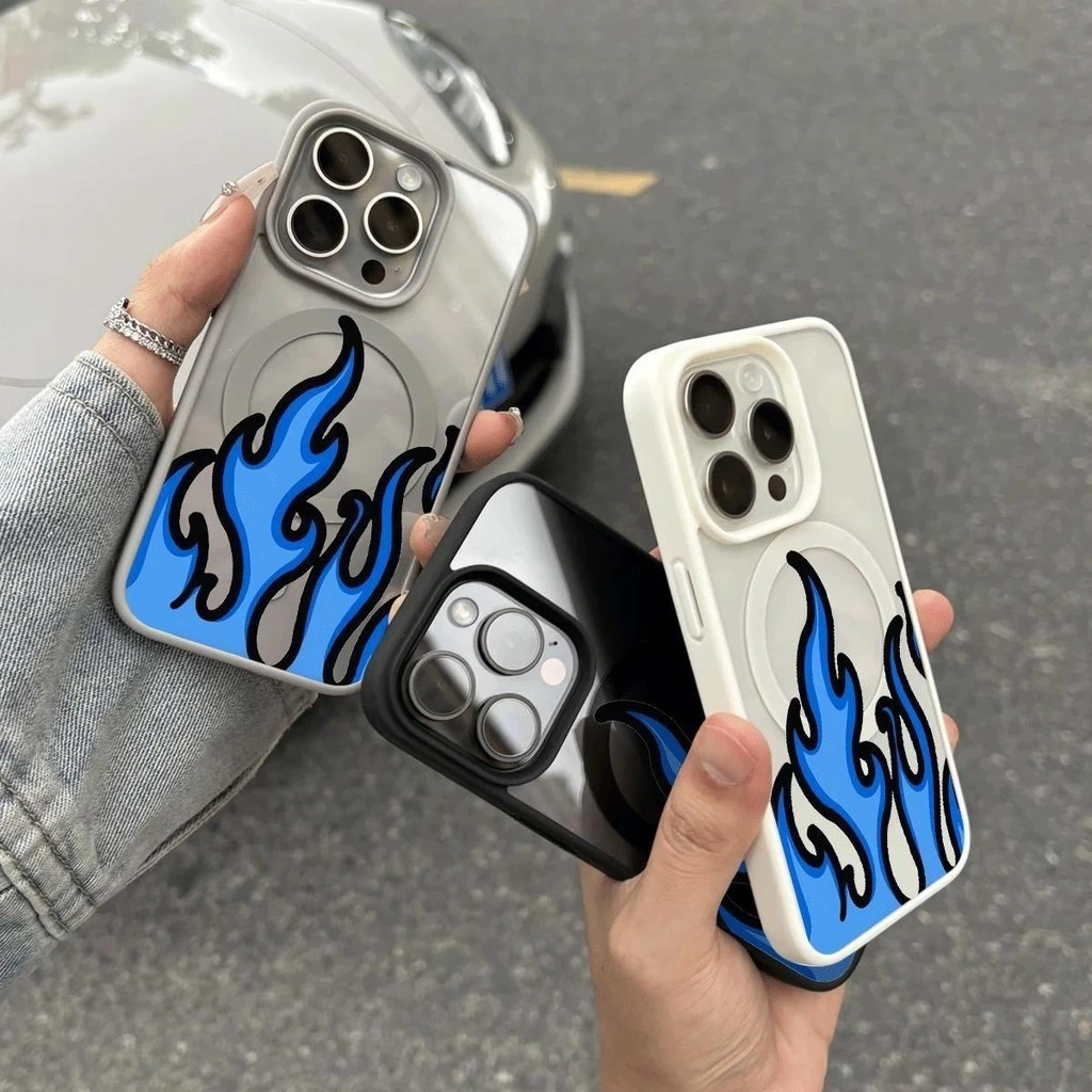 เปลวไฟสีฟ้าเรียบง่ายเย็นอินเทรนด์เคสโทรศัพท์โปร่งใสเข้ากันได้กับ iPhone 13Promax 15Pro 16 14 12Pro 11 ป้องกันสีเหลืองถึง
