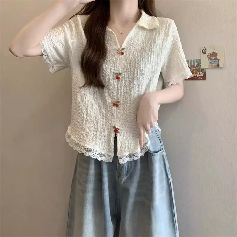 Red Berry เสื้อแขนสั้นคอวีเปิดไหล่ลายซากุระ ชายลูกไม้ W708 thumbnail 7