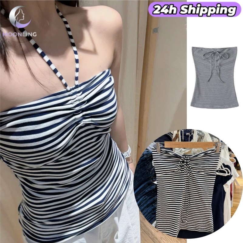 MOON 'พร้อมส่ง' เสื้อเกาะอก ลายทาง ผูกโบว์ ทรงลูกคุณหนู ใส่ง่าย แมตได้ทุกลุค FY2905#1