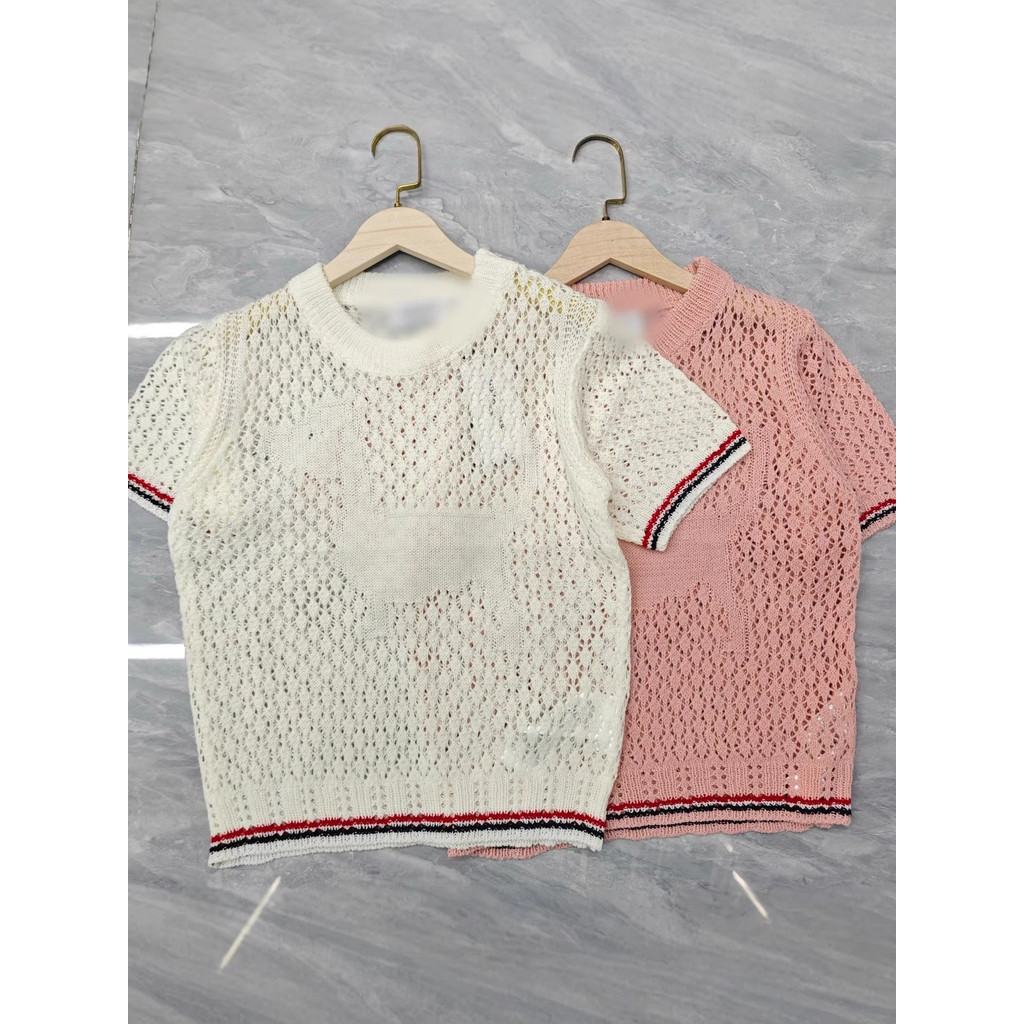 Thombrowne Early Autumn Simple Contrast Color Round Neck Short Sleeve Sweater Top