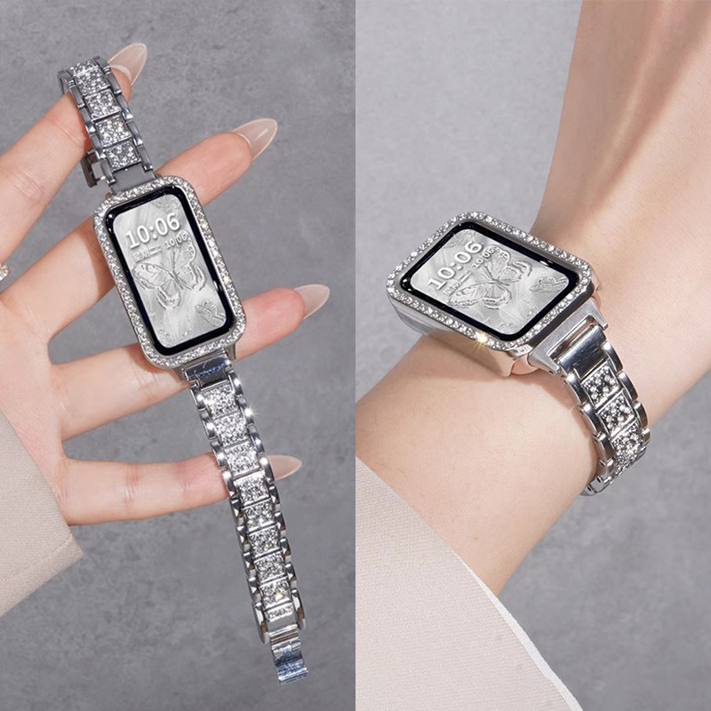 สายโลหะประดับเพชรสำหรับนาฬิกาอัจฉริยะ Huawei Band 11 Band 11 Pro สายรัดข้อมือทดแทนสำหรับผู้หญิง สำหรับ Huawei Band 9 8 10 อุปกรณ์เสริมสแตนเลส