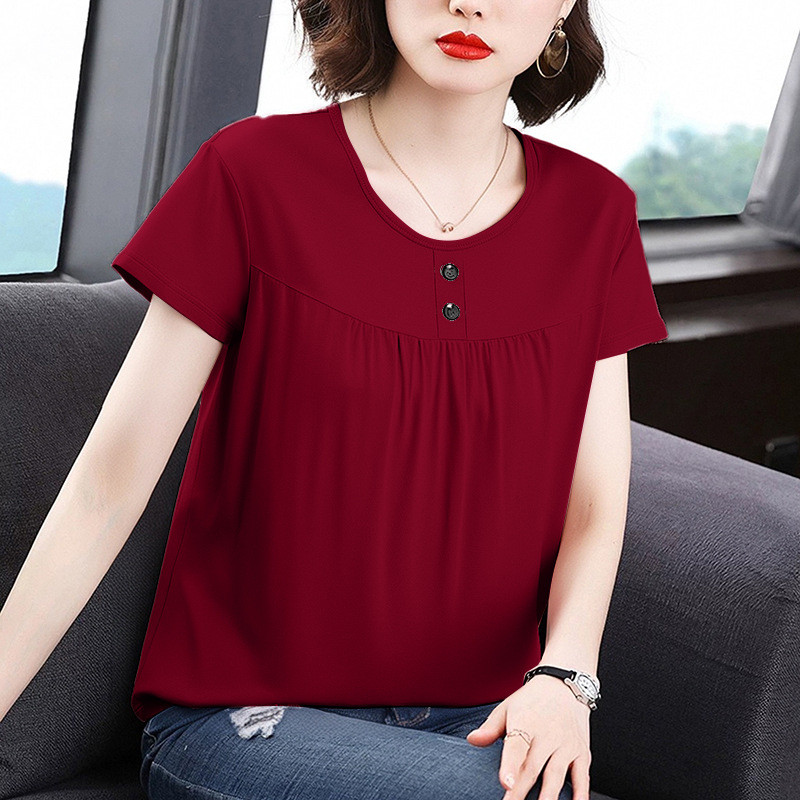 Xiaoxian t สีทึบเกาหลีกลางอายุสไตล์ใหม่บางแม่เสื้อฤดูร้อนรอบคอแขนสั้นผู้หญิง Casual Top twm-5xl หลวม
