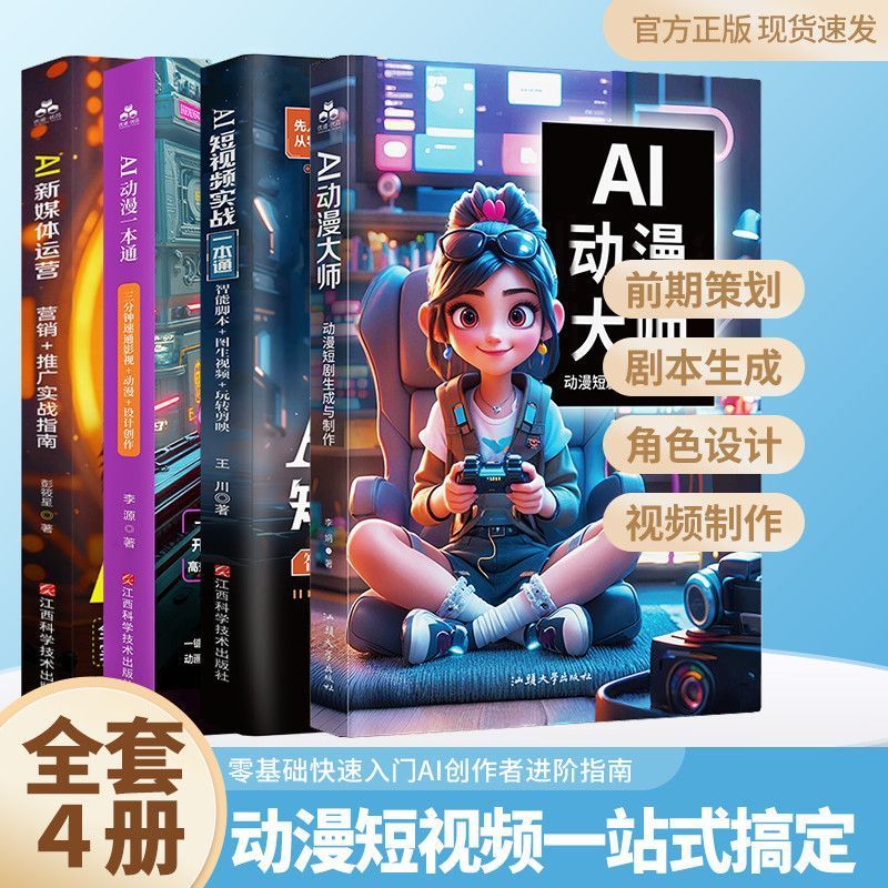 全4册AI动漫大师+AI短视频实战一本通+AI动漫+新媒体影视短剧制作4 Volumes in Total: AI Animation Master + AI Short Video Practica