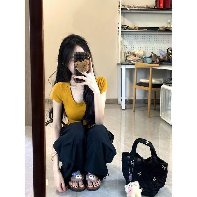 ไหล่สีเหลือง fashionu Slim-fit ผ้าฝ้ายแท้ฤดูร้อนแคบ-fit ผู้หญิง Retro Hot Girl ของแท้ t-เอว Unique T