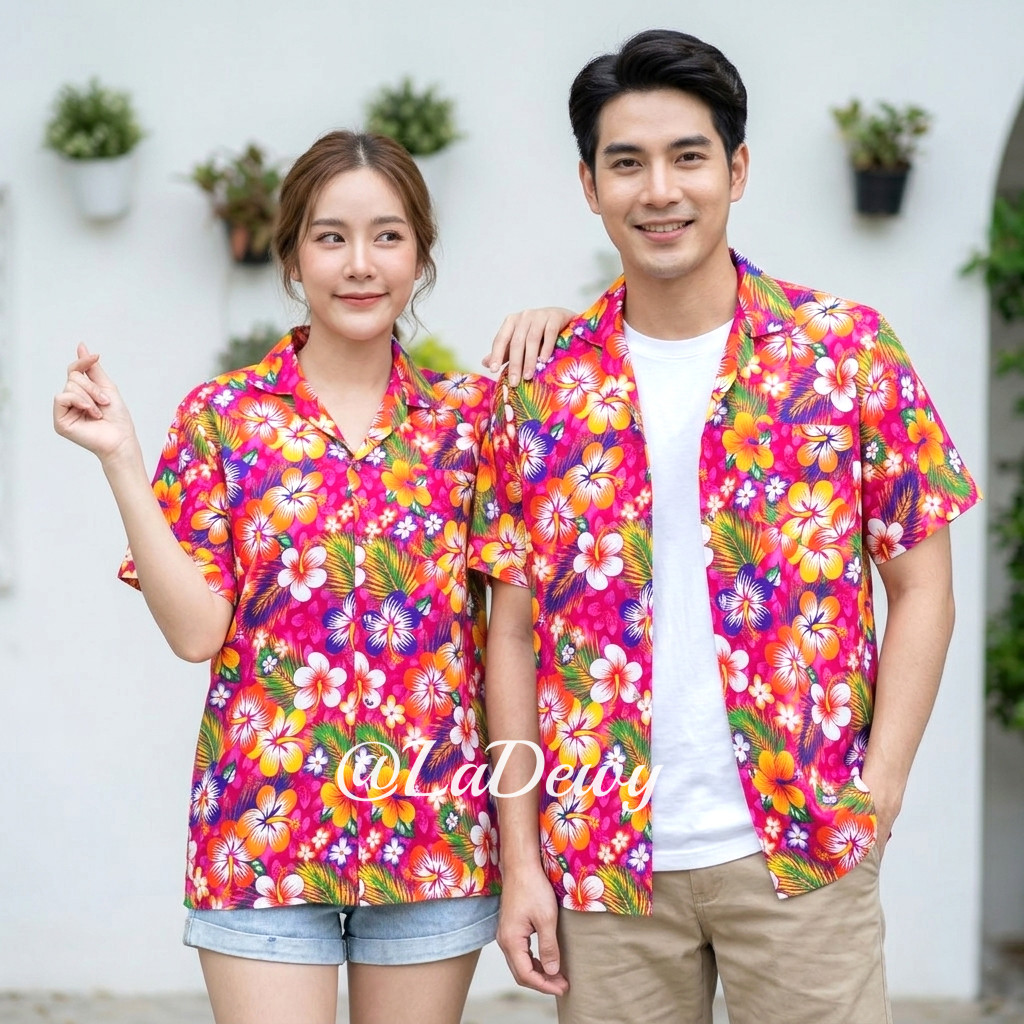 งานไทย เสื้อลายดอก เสื้อสงกรานต์ ผู้หญิง ผู้ชาย ลายชบาหลากสี 7ไซส์ S-4XL Hawaiian Shirt HW301