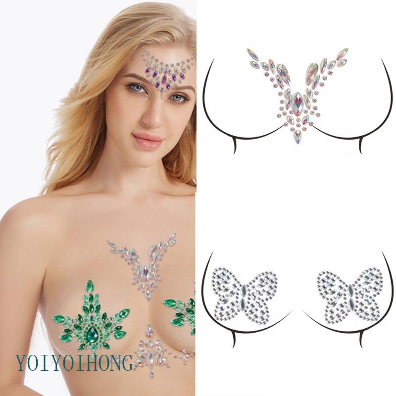 YOI Glitter Rhinestones เต้านมสติกเกอร์อัญมณีอัญมณี Body Gems หัวนม Pasties สําหรับผู้หญิง