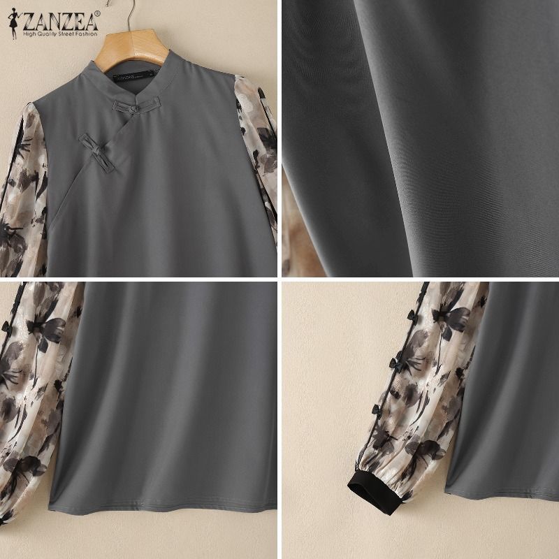 ZANZEA ผู้หญิงเกาหลีปกแขนยาวดอกไม้ Patchwork Bowtie เสื้อ — صورة 8