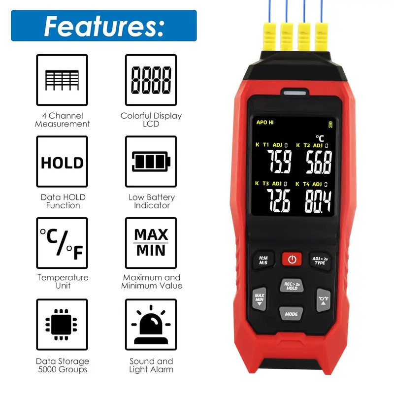 Thermocouple เครื่องวัดอุณหภูมิ 4 ช่อง Data Logger เทอร์โมมิเตอร์ K ประเภทอุณหภูมิ Logger พร้อมเสียง