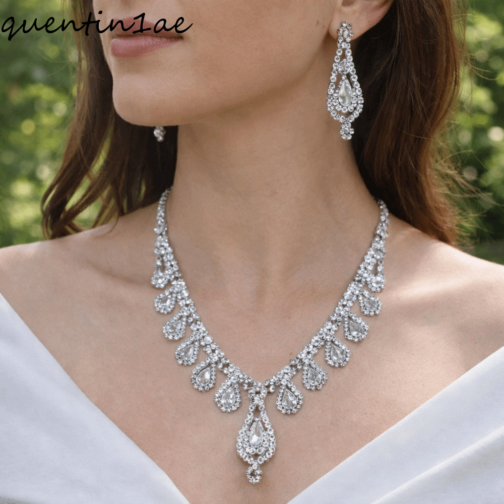 QHENTIN1AE สร้อยคอหยดน้ํา, จี้เรขาคณิตคริสตัล Rhinestone สร้อยคอชุด, หรูหราหรูหราสร้อยคอเงาชุดต่างหู