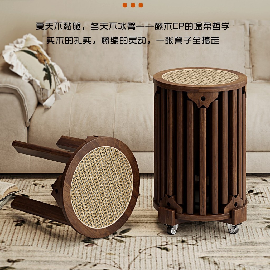 สตูลหวายสามารถวางซ้อนกันได้หกในหนึ่งเดียวไม้เนื้อแข็ง Jenga เก้าอี้ทรงกลมบ้านอะไหล่โต๊ะรับประทานอาหา