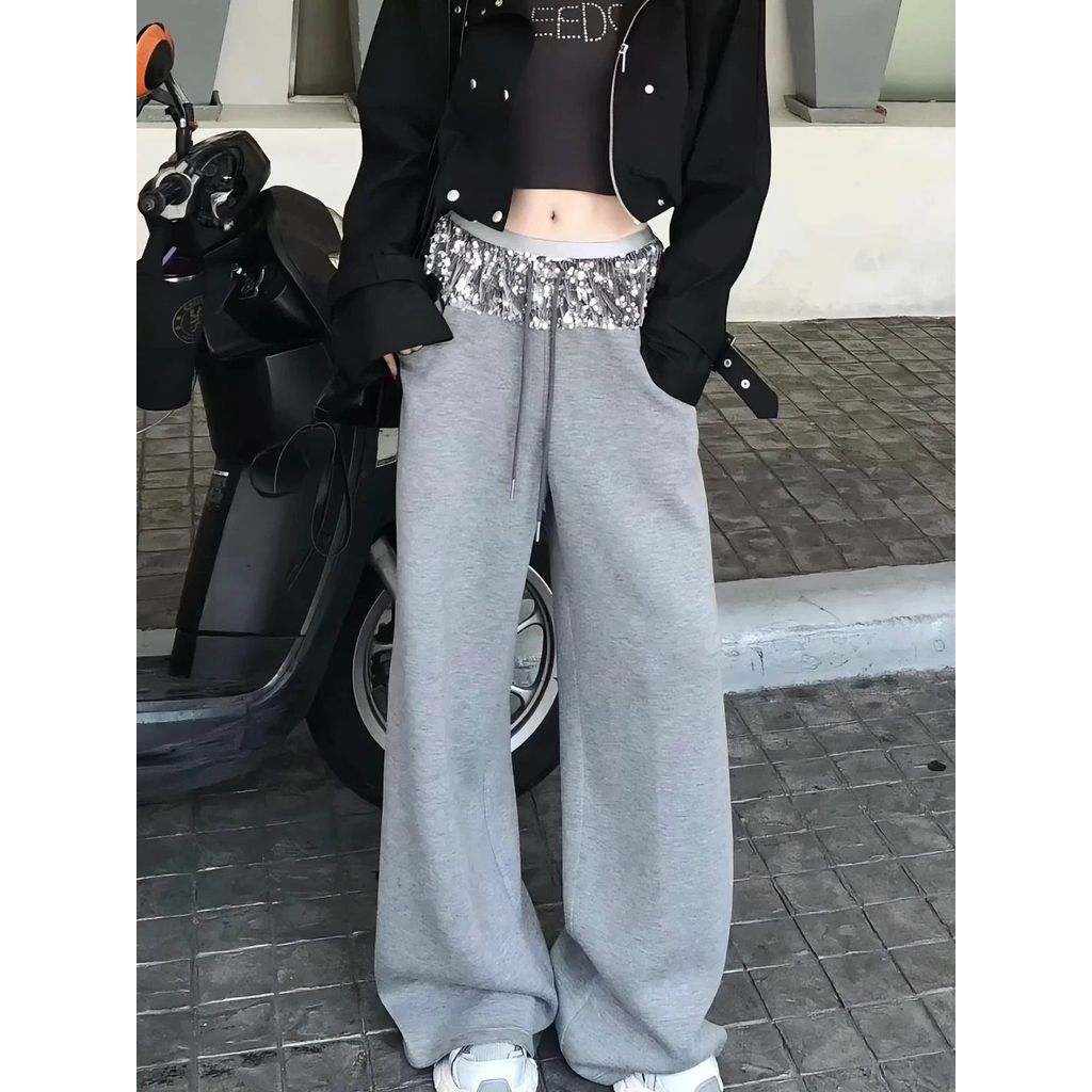 Li Wanjun Heavy Industry กางเกงลําลองเอวยางยืด สไตล์ขากว้างสำหรับฤดูใบไม้ผลิ สีเทา ผู้หญิง