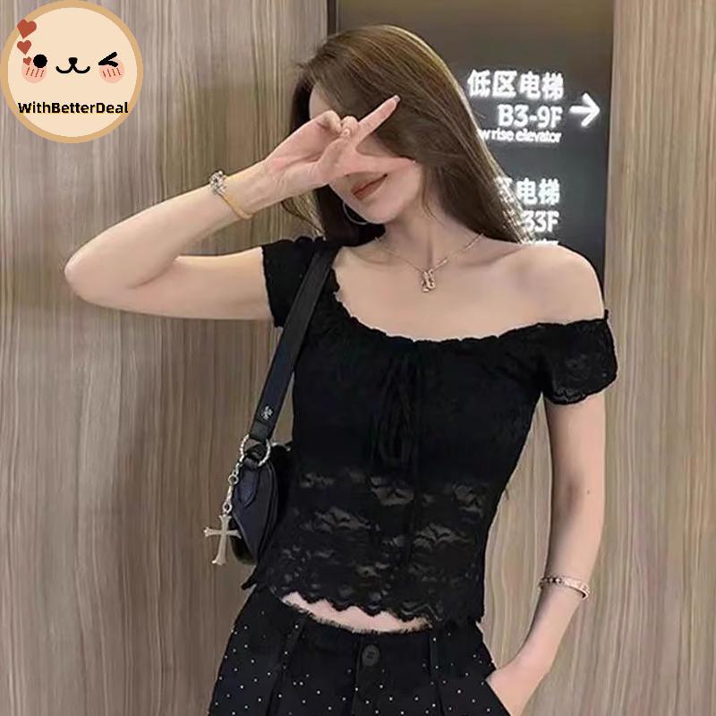 Better French Retro Lace ปักสแควร์คอแขนสั้นเสื้อยืดบางผู้หญิงเซ็กซี่ Crop Top Deal
