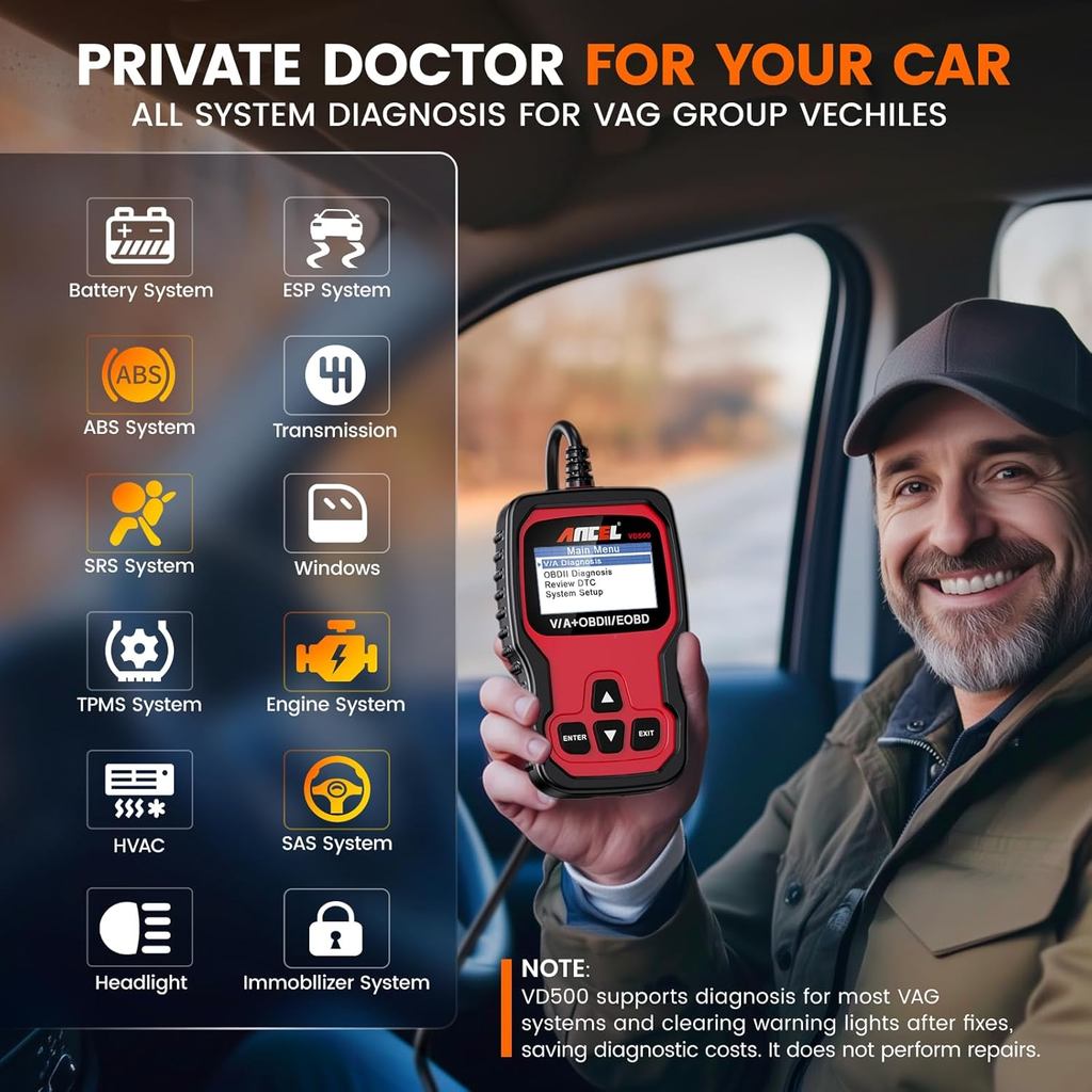 ANCEL VD500 OBD2 เครื่องสแกนเนอร์เครื่องมือวินิจฉัยสําหรับ Volkswagen VW Audi Skoda Seat Dignition C