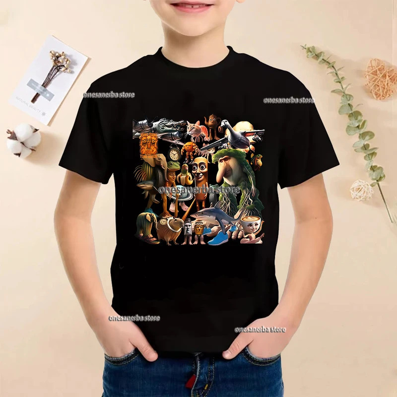 เสื้อยืดเด็กชายและเด็กหญิงลายอิตาเลียน Brainrot Tung Tung Tung Sahur