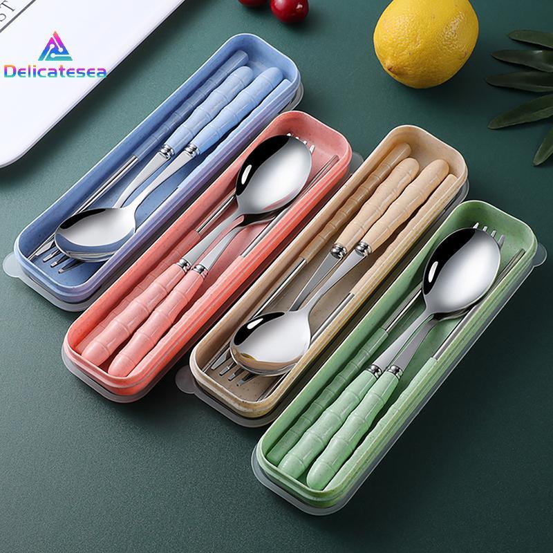 [Delicatesea] 3 ชิ้นช้อนส้อมชุดสแตนเลสบนโต๊ะอาหารแบบพกพาReusable Travelปิคนิคช้อนส้อมพร้อมกล่องใหม่