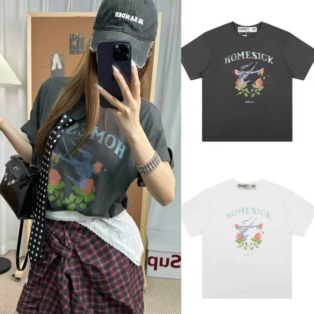 🇰🇷 เสื้อยืด open yy เกาหลี พิมพ์ลายกุหลาบ คอกลม ทรงหลวม✨