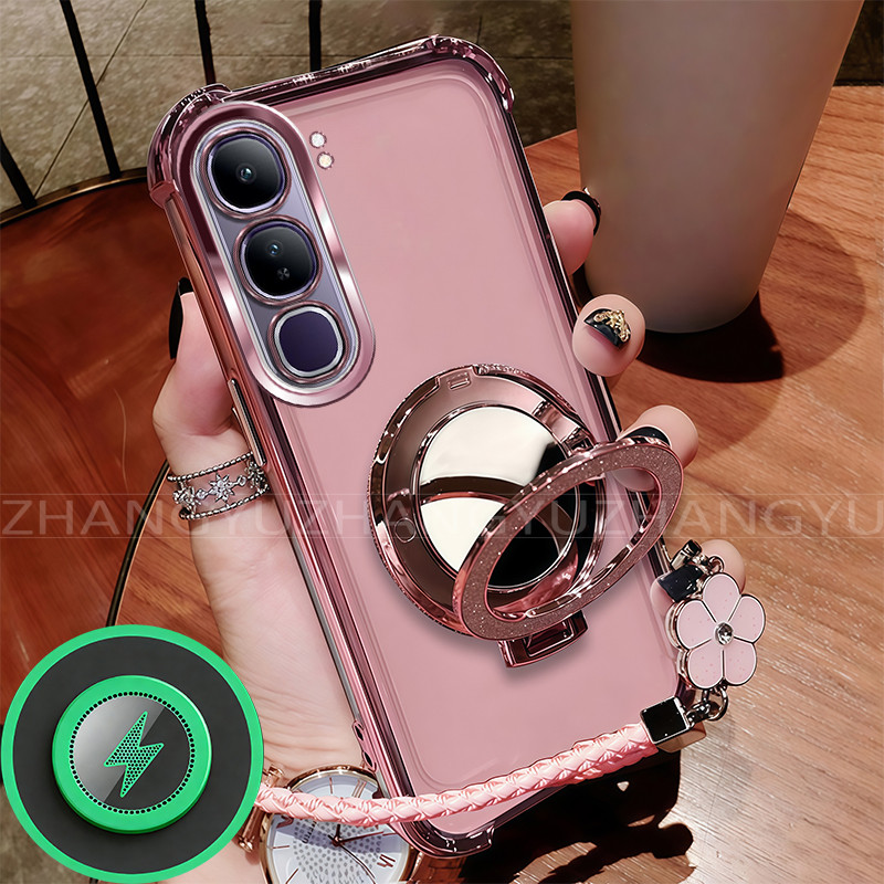เหมาะสําหรับ Vivo Y200 Phone Case Flash powder magnetic makeup mirror holder with Casing lanyard SJ11