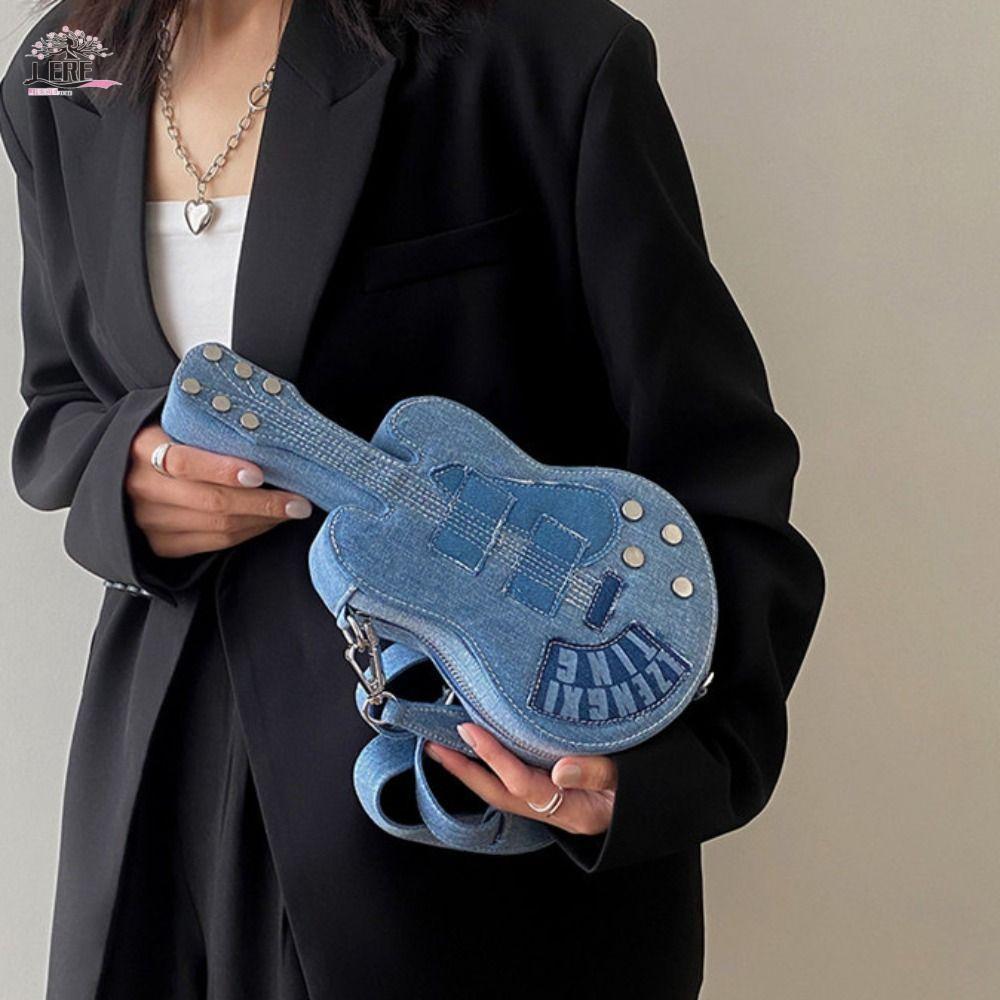 JEREMY1 Guitar Crossbody Bag, Vintage Y2k Denim Canvas Bag, Fashion Large Capacity Handbag Casual Je