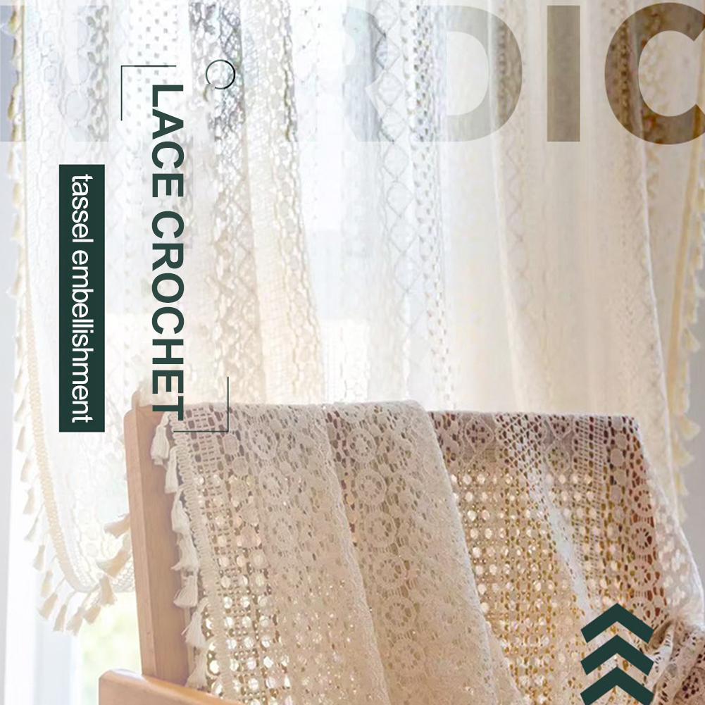 Retro Bohemian สไตล์ผ้าม่านพู่ลูกไม้ Vintage ผ้าม่านหน้าต่างสําหรับห้องนั่งเล่นห้องนอน N7o0