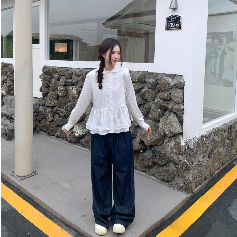w714 เสื้อเชิ้ตสตรีลายทางสีขาว แขนยาว ปกคอสไตล์ลายหูฉลาม รูปที่ 8