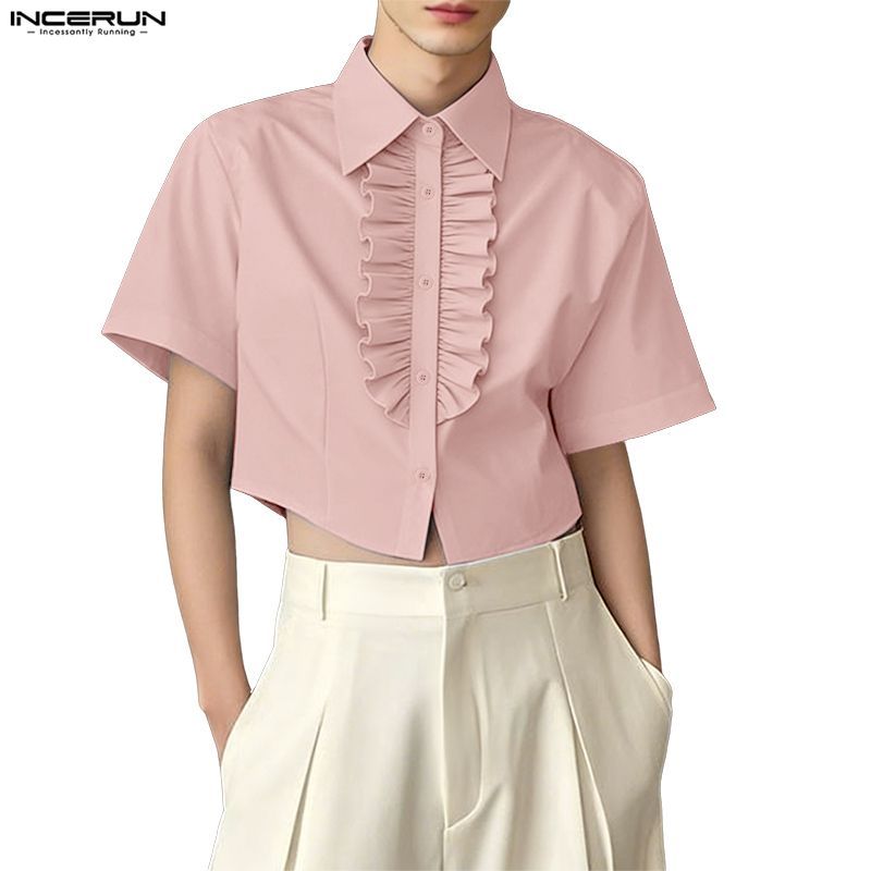 INCERUN เสื้อเชิ๊ตผู้ชายสไตล์เกาหลี ดีไซน์ทันสมัย มีปกพับและชายระบายแขนสั้น