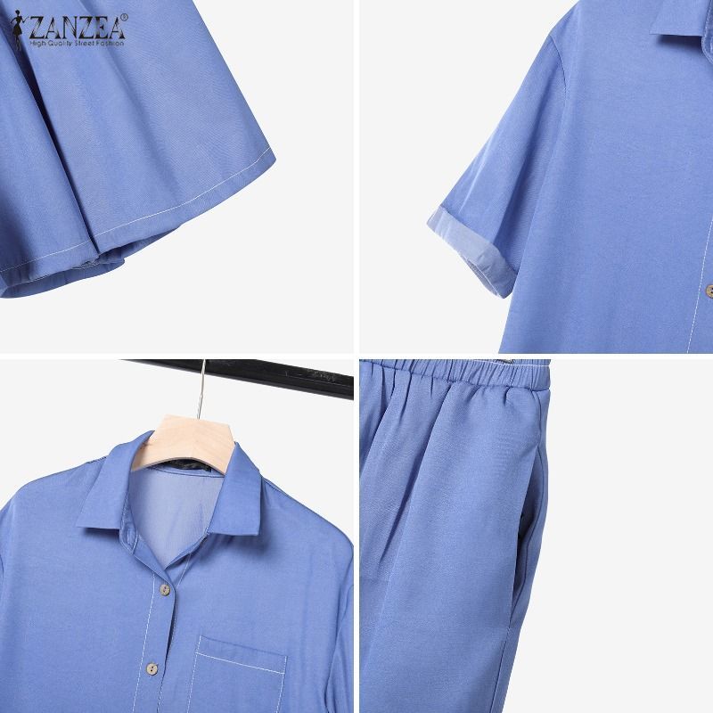 ZANZEA เสื้อเชิ้ตแขนสั้นลําลองสไตล์เกาหลีสําหรับผู้หญิงและกางเกงขาสั้นเอวยางยืดหลวมชุดสองชิ้น — صورة 8