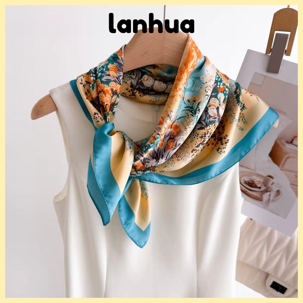 LANHUA ผ้าพันคอด้านสี่เหลี่ยม เลียนแบบผ้าไหมพิมพ์ซาติน ขนาด 70 ซม. เหมาะสำหรับผู้หญิง หรูหราและสวมใส่ง่าย