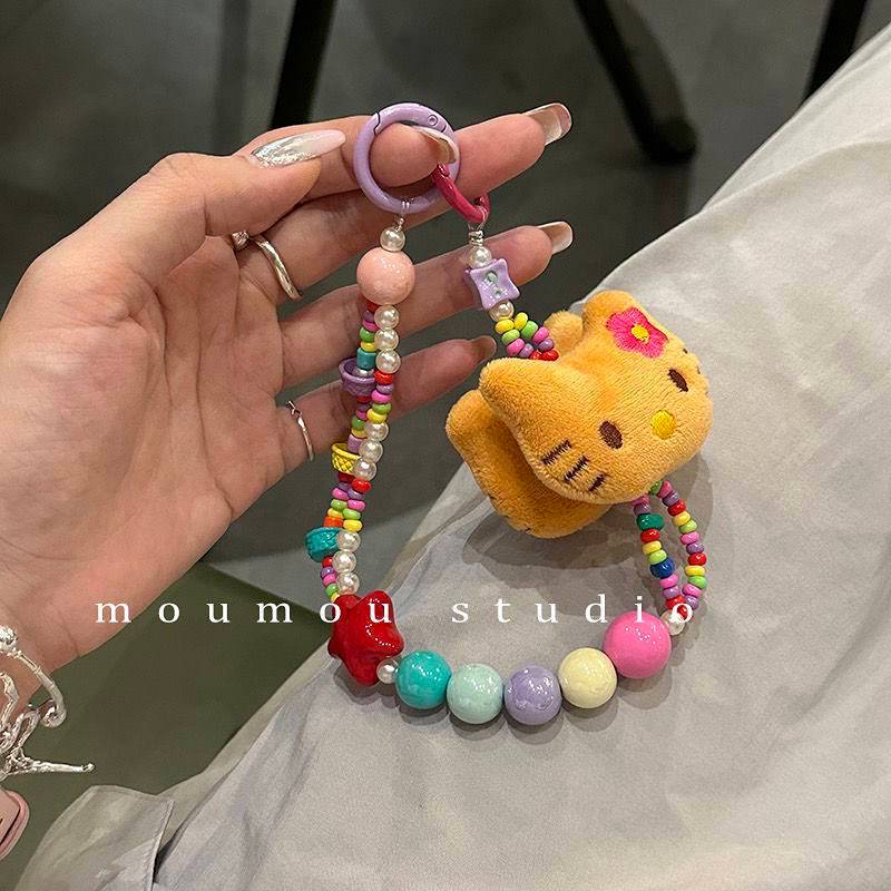 Cartoon Young Girl Cat Kitty Colorful Beads Mobile Phone Charm Mobile Phone Digital Lanyard Plush Cr