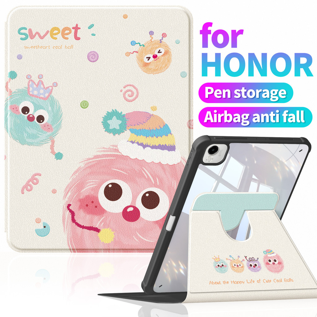 A991彩色球Honor Pad X9a กรณี 11.5 นิ้ว 360 หมุนแนวตั้งยืนอะคริลิคใสฮาร์ดกลับปกหนัง PU พร้อมช่องเสียบปาก