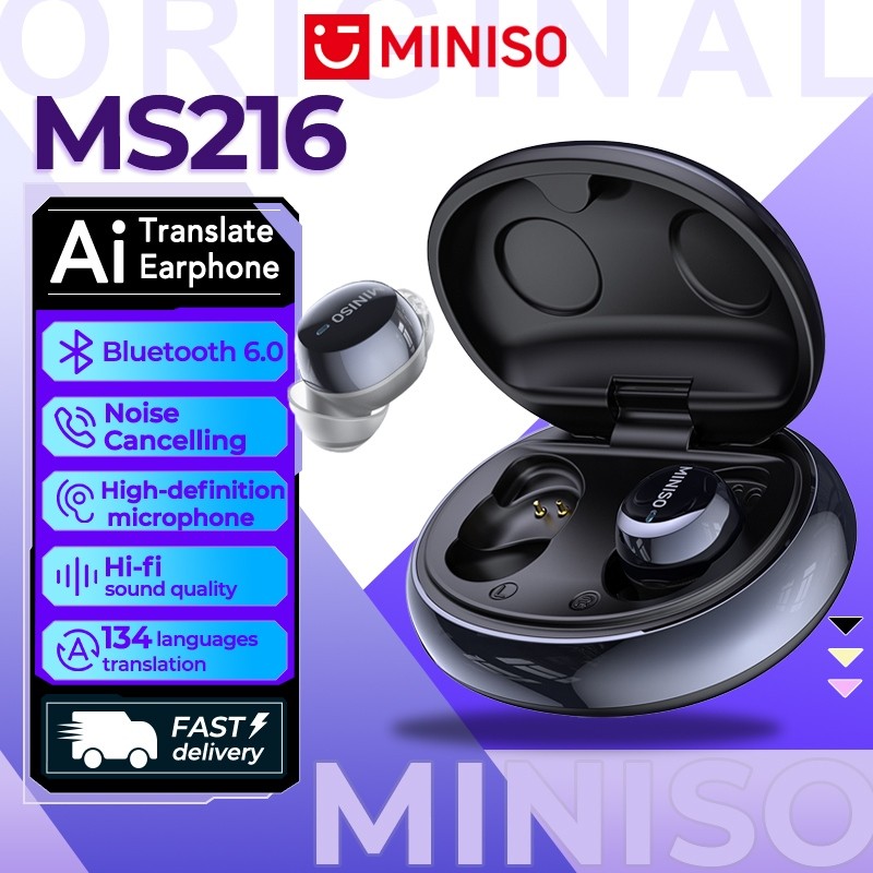MINISO MS216 หูฟังแปลภาษาด้วย AI หูฟังบลูทูธ Bluetooth 6.0 หูฟังบลูทูธไร้สาย ระบบตัดเสียงรบกวนแบบแอคทีฟ หูฟังแปลภาษา คุณภาพเสียง HiFi ระบบตรวจสอบอัตราการเต้นของหัวใจ
