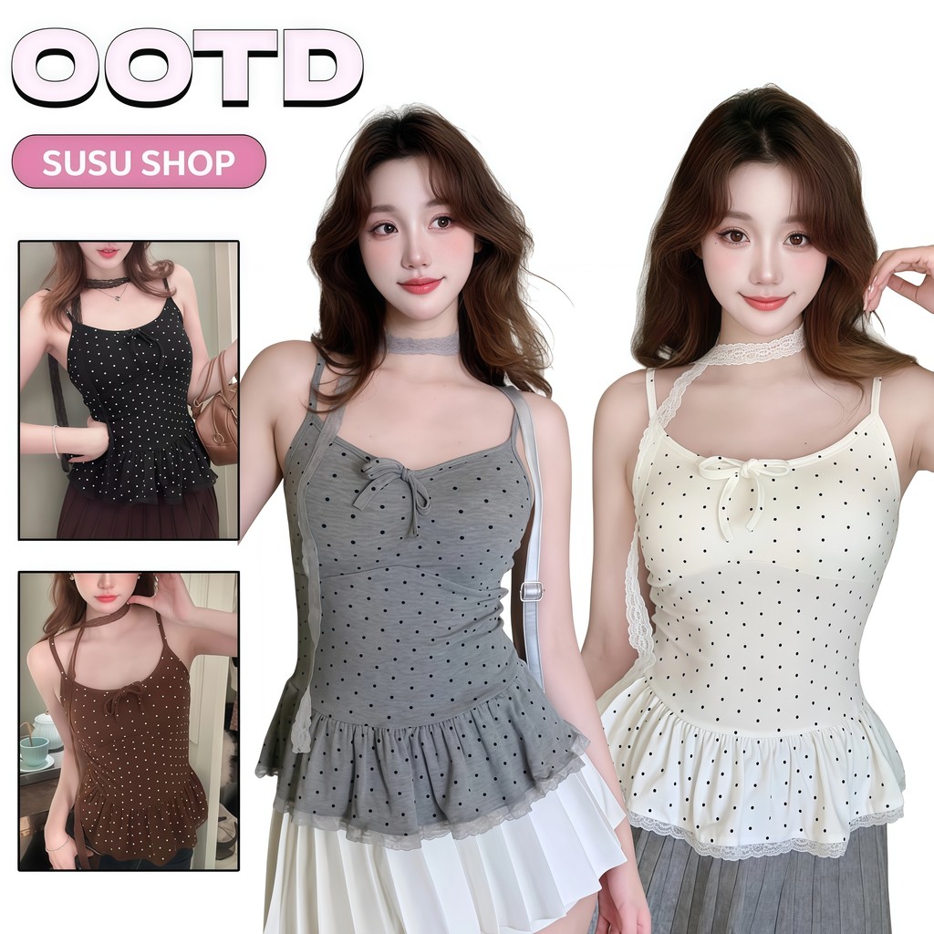 SuSu เสื้อสายเดี่ยวลายจุดสไตล์เกาหลี ดีไซน์กระโปรงไม่มีแขน มีฟองน้ำในตัว หลากสี FY5554-0