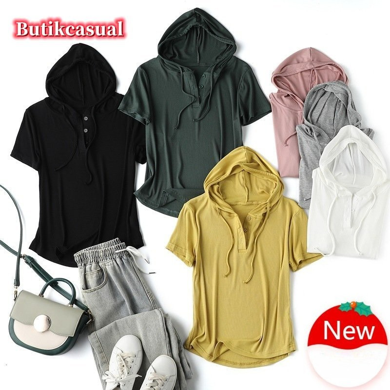 ผู้หญิงด้ายผ้าฝ้ายHoodiesแขนสั้นVคอTshirt hooded Topฤดูร้อนTopsธรรมดาหลวมSlimเสื้อยืดผู้หญิงTเสื้อลําลอง