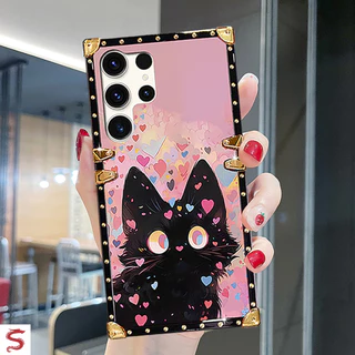 ปลอก Samsung S26 Ultra S25Ultra S24Ultra S24+ S23+ S22 S21 FE Note20 แฟชั่นดอกไม้แมวดํารูปแบบ Square เคสโทรศัพท์กันกระแทก