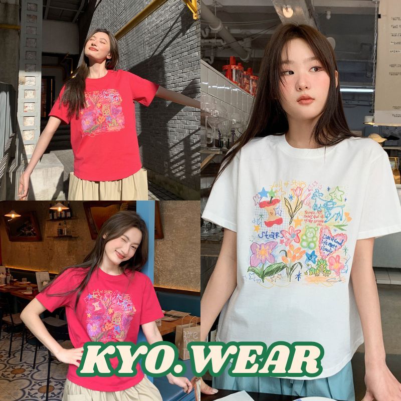 KYO 🌸 เกาหลีสไตล์เสื้อน่ารัก ผู้หญิง พิมพ์ลาย "Flower Cartoon" ผ้าCOTTON โคตรนุ่ม เสื้อน่ารัก OVERSIZE เสือใส่สบาย【COD】