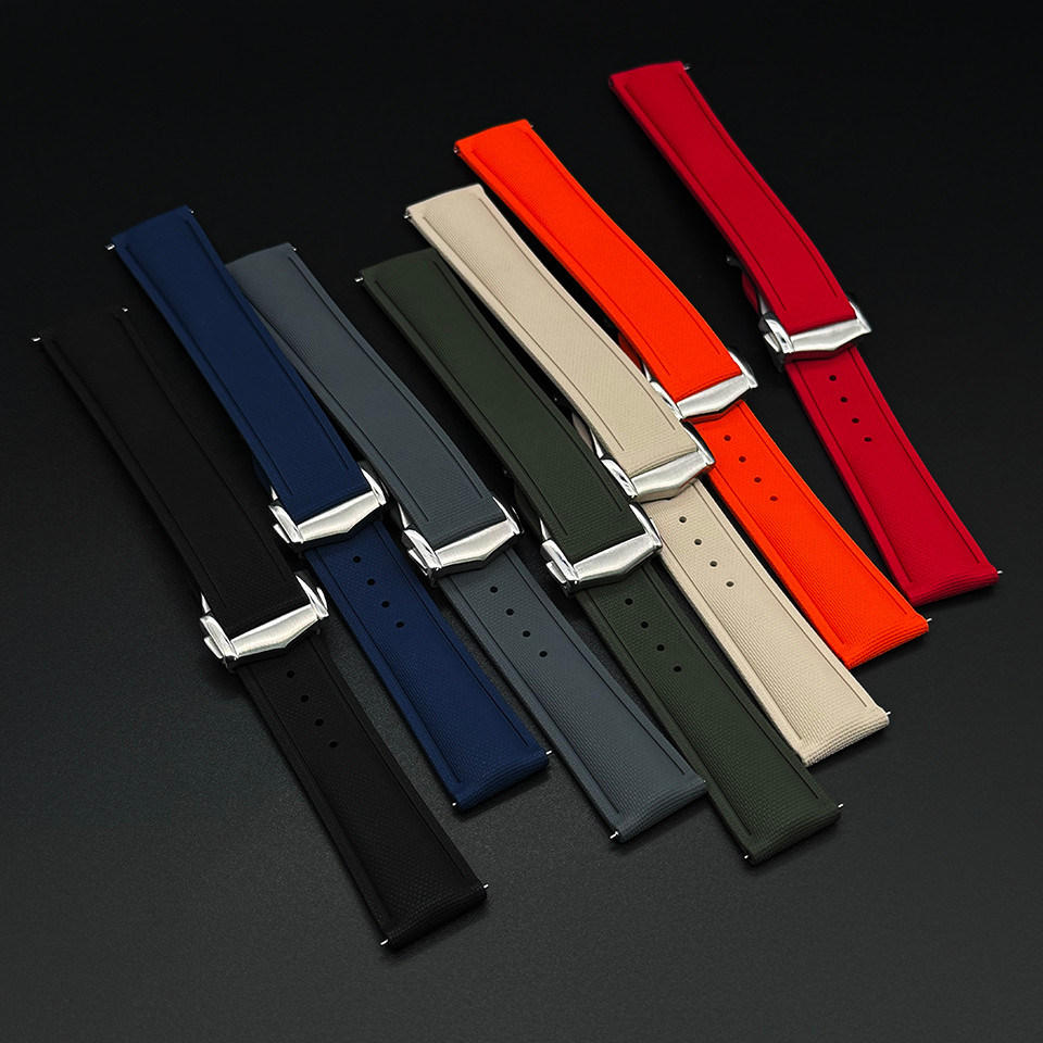 High Quality Woven pattern Sports Deployant Watch Band 20mm 21mm 22mm FKM Rubber Watch Strap