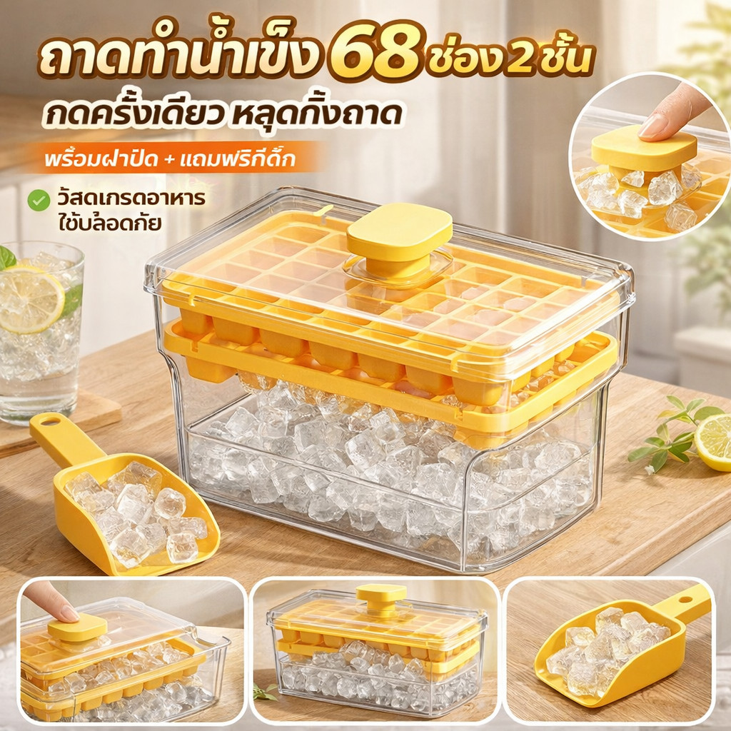 MG ถาดทำน้ำแข็ง 68 ช่อง 2 ชั้น กดออกได้ พร้อมฝาปิด แถมฟรีที่ตัก วัสดุเกรดอาหาร