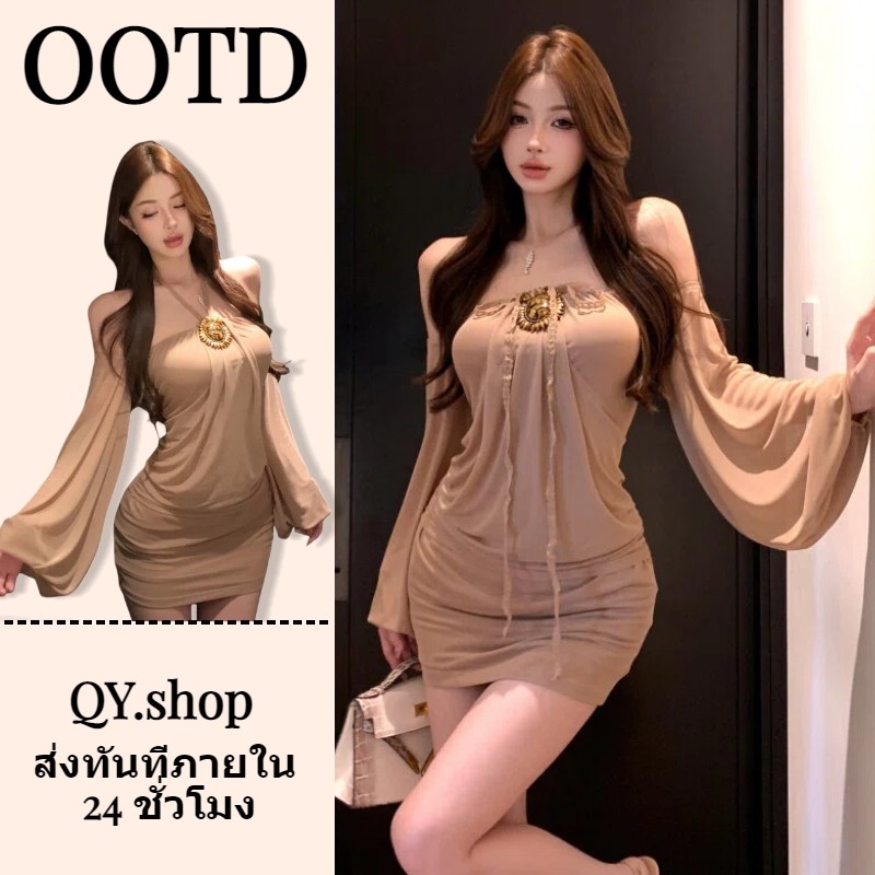 QY.shop ชุดเดรสสั้นผู้หญิง ไหล่เปิด แขนฟอง แขนยาว ผ้าใส่สบาย สไตล์เกาหลี สไตล์ลำลอง-FY2992