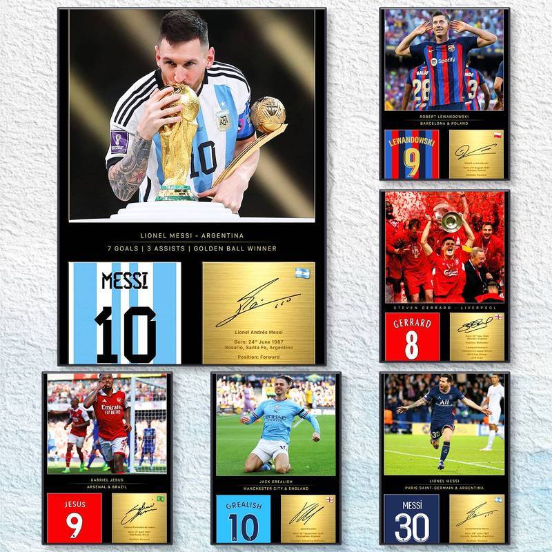 ฟุตบอลดาวลงนามโปสเตอร์ Messi Haaland Ronaldo Neymar Bukayo Saka Home Office Wall Decor พิมพ์ผ้าใบ