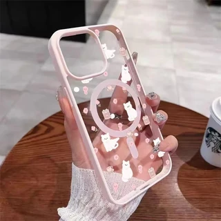 SAMSUNG สีชมพูน่ารักการ์ตูนแมวเคสโทรศัพท์สําหรับSamsung Galaxy S25 S26 Ultra S24 S23 FE Plusสําหรับแม่เหล็กชาร์จไร้สายกันกระแทก