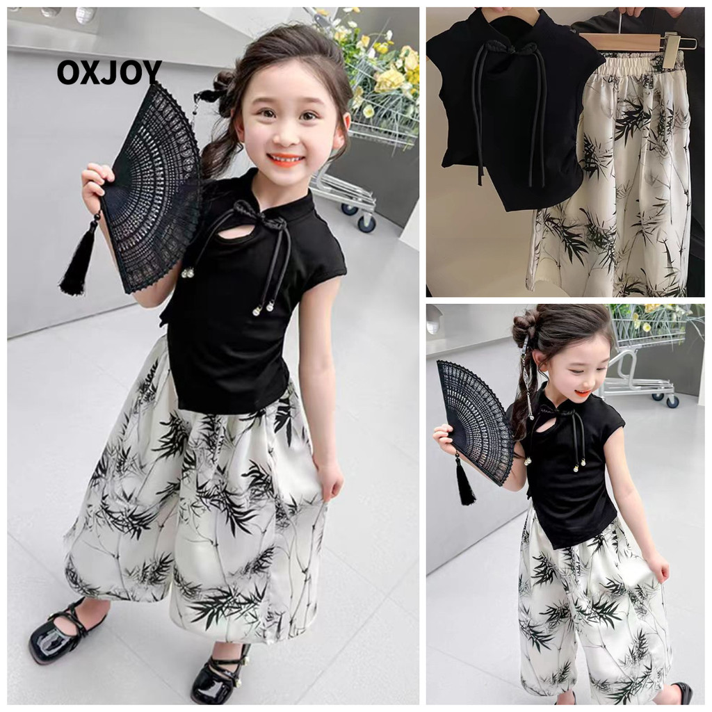 ชุดจีนสไตล์โบราณแขนสั้นและกางเกงขากว้างสีดำ พร้อมสต็อก