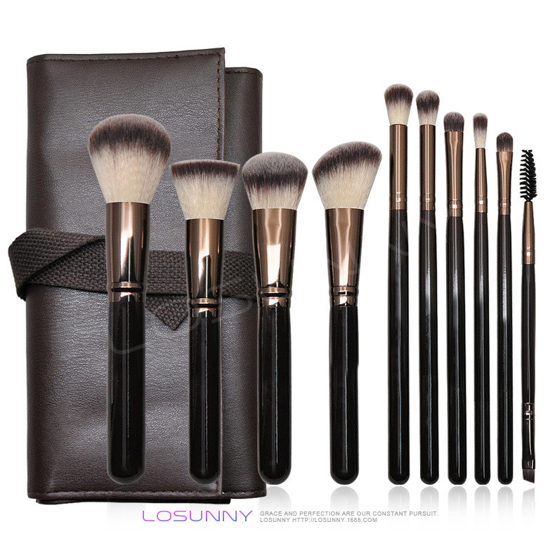 ชุดแปรงแต่งหน้า 10 ชิ้น แปรงแต่งหน้าเต็มรูปแบบ | Nylon Fiber Wool Handy Makeup | กาแฟด้ามไม้อายแชโดว