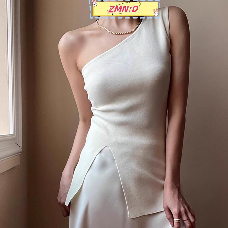 ZMN:D เสื้อสเวตเตอร์แขนกุดสีขาวปิดไหล่สไตล์ฝรั่งเศสสําหรับผู้หญิงในฤดูร้อน RRT