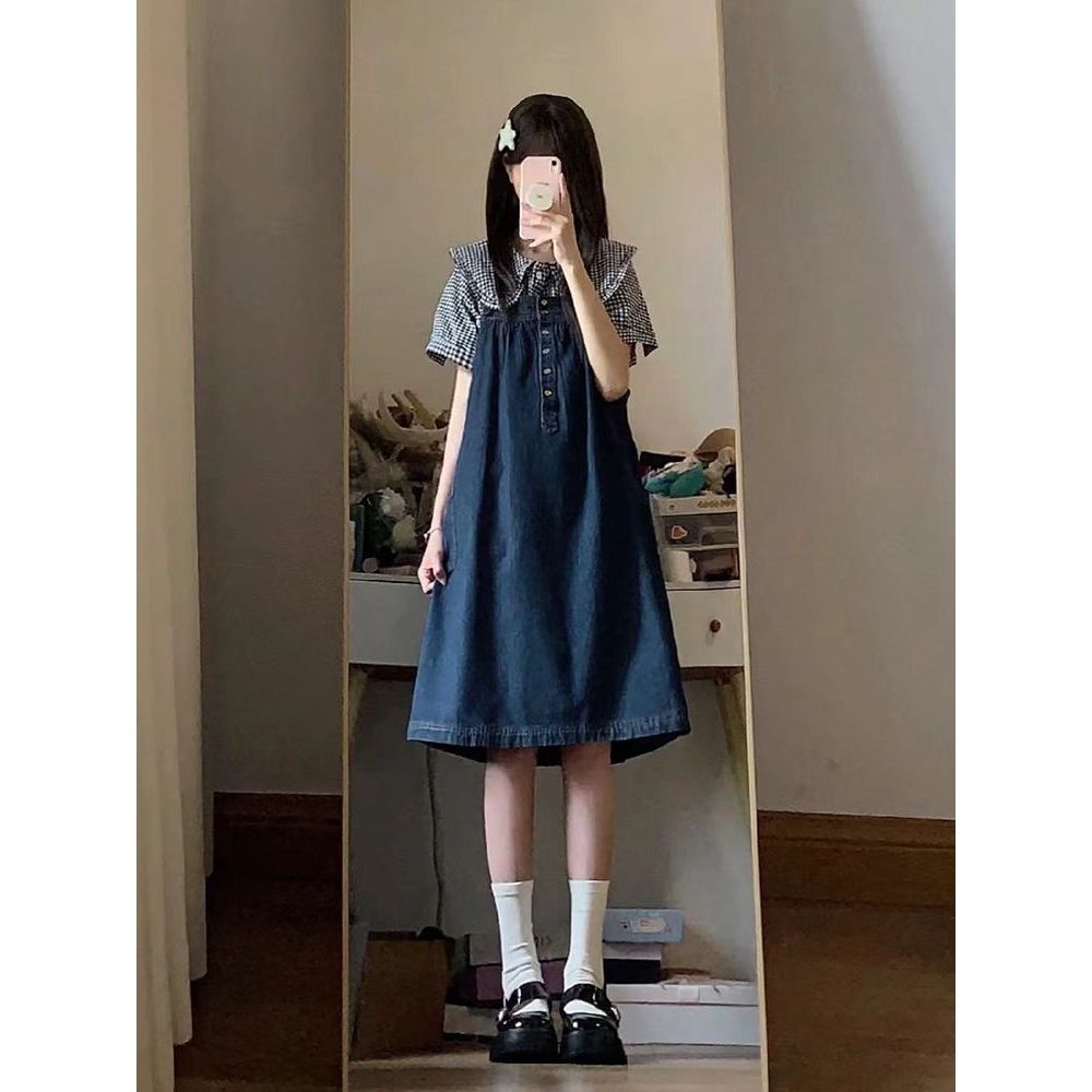 ตุ๊กตาหญิงคอปกหวานสองชิ้นชุดเดรสสไตล์ใหม่ผ้ายีนส์เสื้อฤดูร้อนหลวมสายย้อนยุคกระโหลกอินเทรนด์ 5RRL