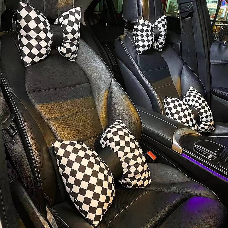 Car Seat Cushion Seat Cover Driving Back Cushion Lumbar Pillow a Pair of Chessboard Grid Driving Sea