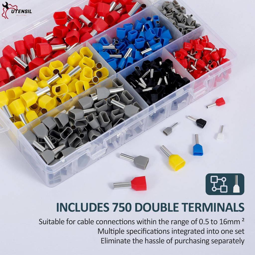 750PCS Double Wire End Ferrules Kit อเนกประสงค์ที่เชื่อถือได้ ปลอกหางปลา DIY Twin Wire End Ferrules พร้อมกล่องใช้งานง่ายสําหรับสายเชื่อมต่อ