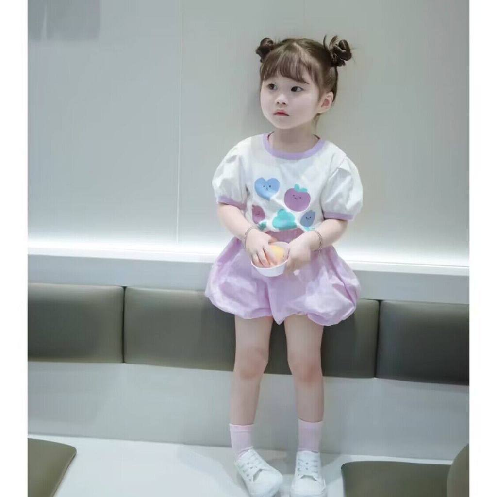 1-7 ปีเด็กหญิงกางเกงขาสั้นดอกตูมแขนสั้นสีม่วงชุดสองชิ้น ราคาถูก Shopee Lazada