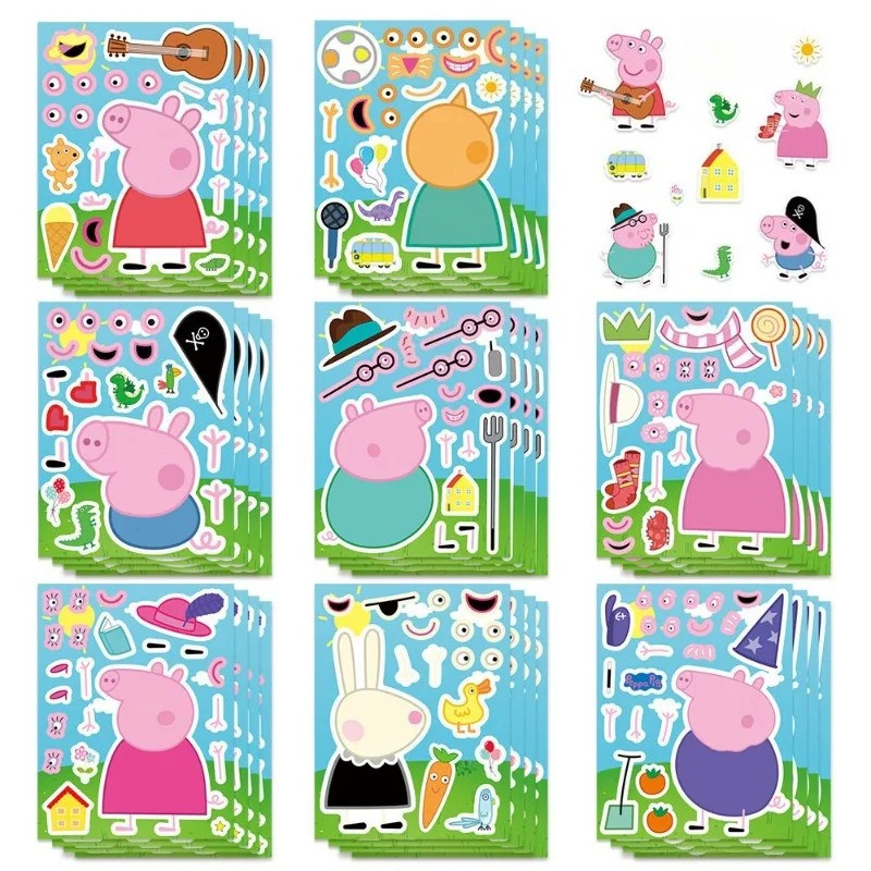 8/16 ชิ้น Pink Pig ครอบครัวประกอบปริศนาสติกเกอร์การ์ตูน, ของเล่นเพื่อการศึกษาพ่อแม่และลูกสีชมพูและสีน้ําเงิน, ของขวัญสหาย diy
