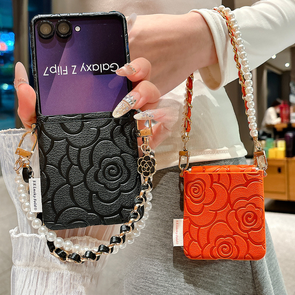 Flower Grain พร้อมปลอกเชือกเส้นเล็ก Samsung Galaxy Z Flip 7 Case Samsung Z Flip 6 Case Z Flip 5 Case