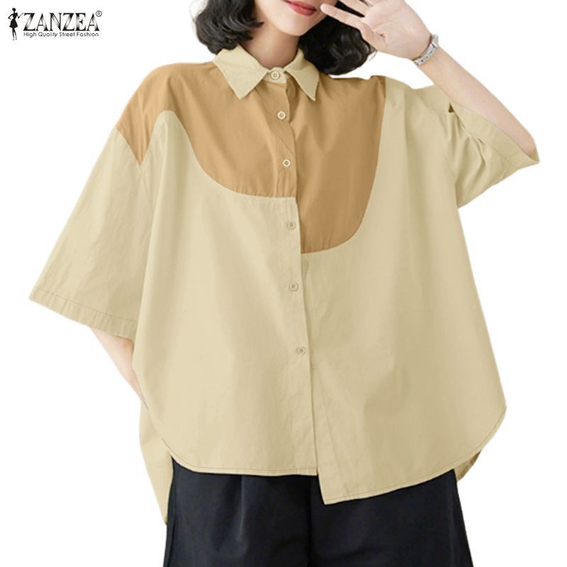 ZANZEA ผู้หญิงเกาหลี Street Stylish Turn-Down-Collar Raglan Sleeve Contrast Patchworkไม่สมมาตรเสื้อ